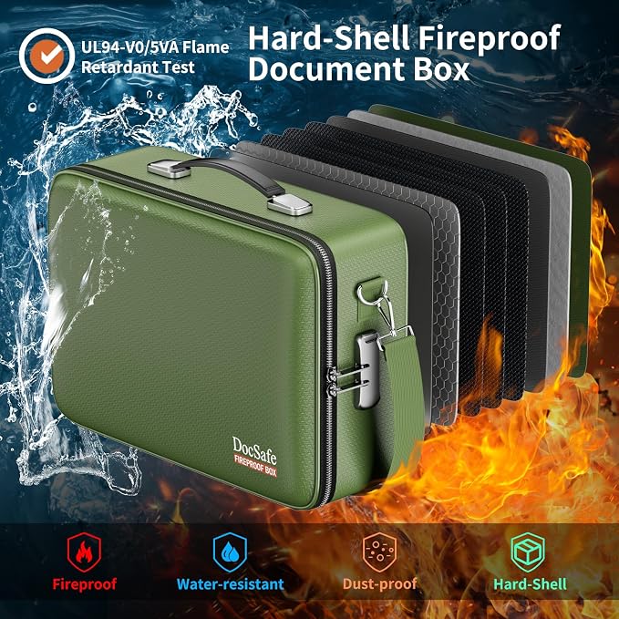 DocSafe Fireproof Document Box Hard Case with Lock ＆ Accordion File Folder | Fire and Water Resistant Safe Box,File Organizer,Multi-Pocket,Home Office Travel Storage for Important Document,Laptop,Green - Image 2