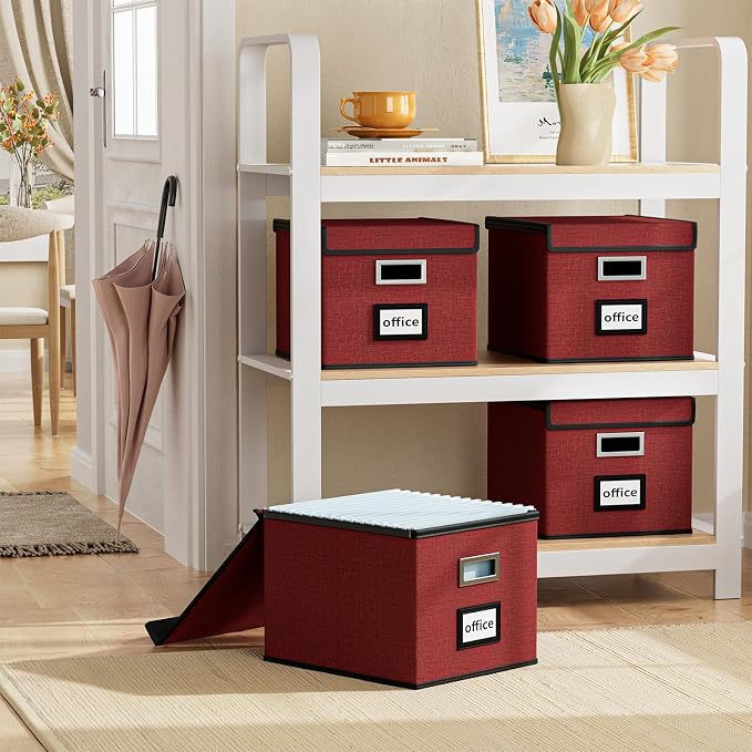 File Organizer Box with Lids, Collapsible File Folder Organizer | File Box with Plastic Slides for Office Document Storage, Filing Bin for Letter Size Hanging File Folders (1 Pack, Dark Red) - Image 2