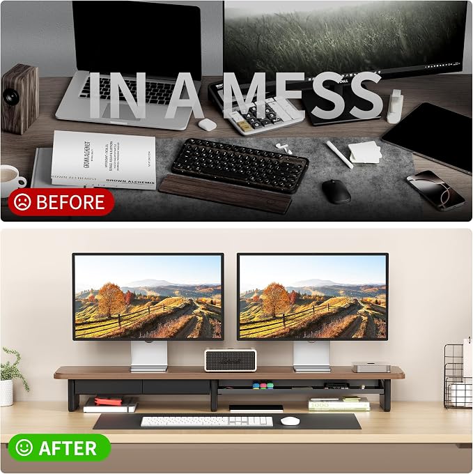 AFOOYO Large Dual Monitor Stand For Desk,43 Inch Desktop Computer Riser with Metal Drawer Desk Shelf Organizer For Computer/Laptop/PC/Printer/TV - Image 4