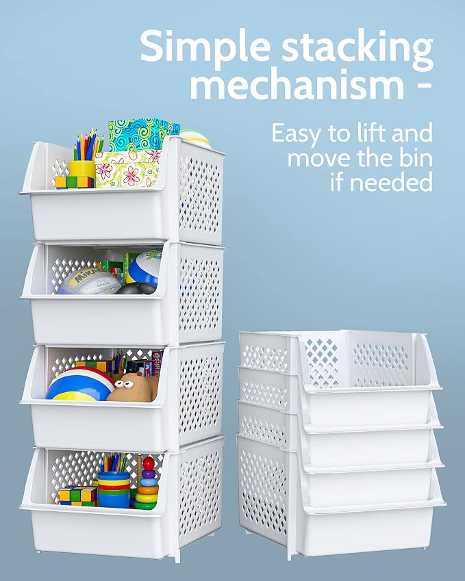 Skywin Stackable Storage Bins Open Front for Pantry Storage, 8 Pack - White | Sturdy Plastic, Easy Stacking, Open Front Access, Ventilated Sides, Vertical & Space Saving Pantry Organizers and Storage Bin - Image 5