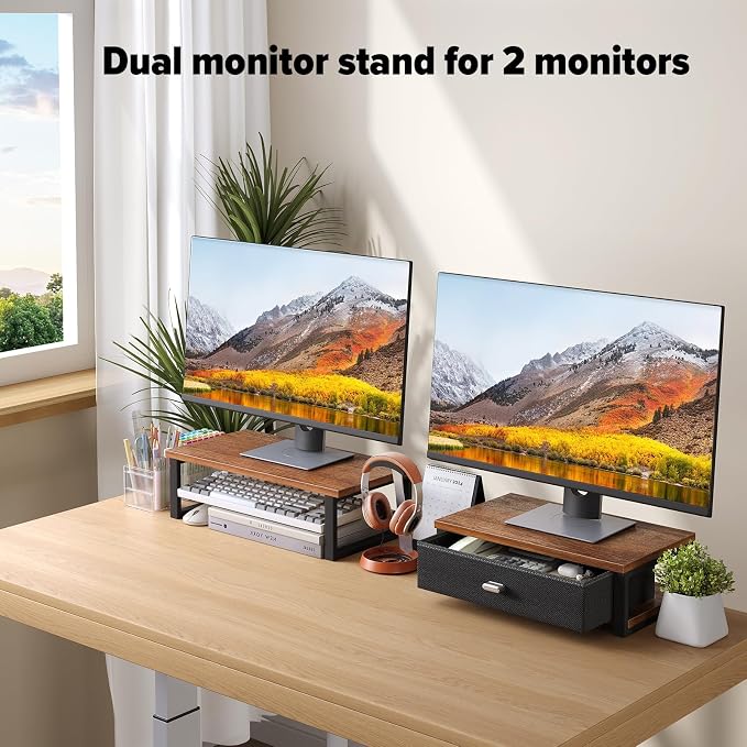 WOHOMO Dual Monitor Stand Riser with Drawers, Desk Organizers for 2 Monitors, Desktop Storage Stand for Computer,Laptop,Walnut - Image 6