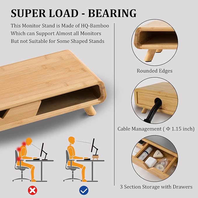 Homerays Bamboo Monitor Stand Riser, No Assembly Required Exquisite Monitor Stand with Drawer Ergonomic Height Wood Monitor Stand - Image 4