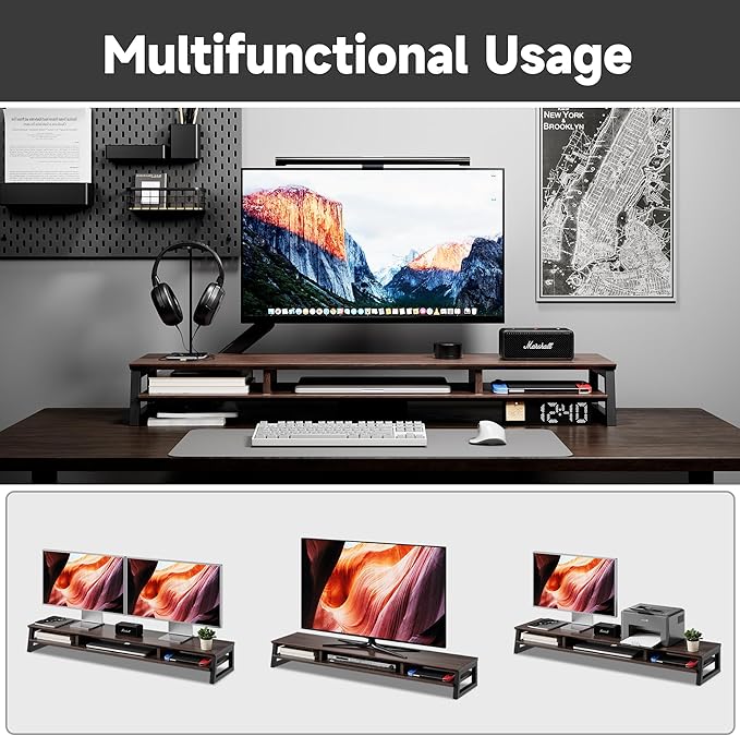 Dual Monitor Stand Riser for Desk, 41.7 Inch Large 2 Tier Computer Monitor Stand for 2 Monitors, Desktop Storage Organizer Shelf with Keyboard Space for Laptop PC Printer Brown - Image 5
