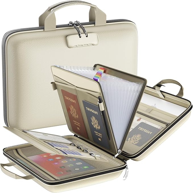 Tamfile Fireproof File Organizer with Lock,Hard Case Fireproof Document Box | 13 Transparent Pockets Accordion File Folder, Office Important Document Organizer for Letter A4 Files Laptop Passports, Beige by Tamfile