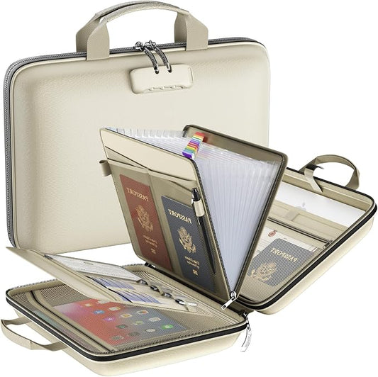 Tamfile Fireproof File Organizer with Lock,Hard Case Fireproof Document Box | 13 Transparent Pockets Accordion File Folder, Office Important Document Organizer for Letter A4 Files Laptop Passports, Beige by Tamfile