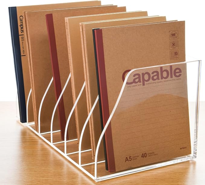 Acrylic Magazine File Holder, 6 Vertical Compartments Desk Document Sorter Organizer, Clear Folder Rack Binder for Office/Home/Classroom, for Documents, Tablet, Magazines, Books & Accessories - Image 6