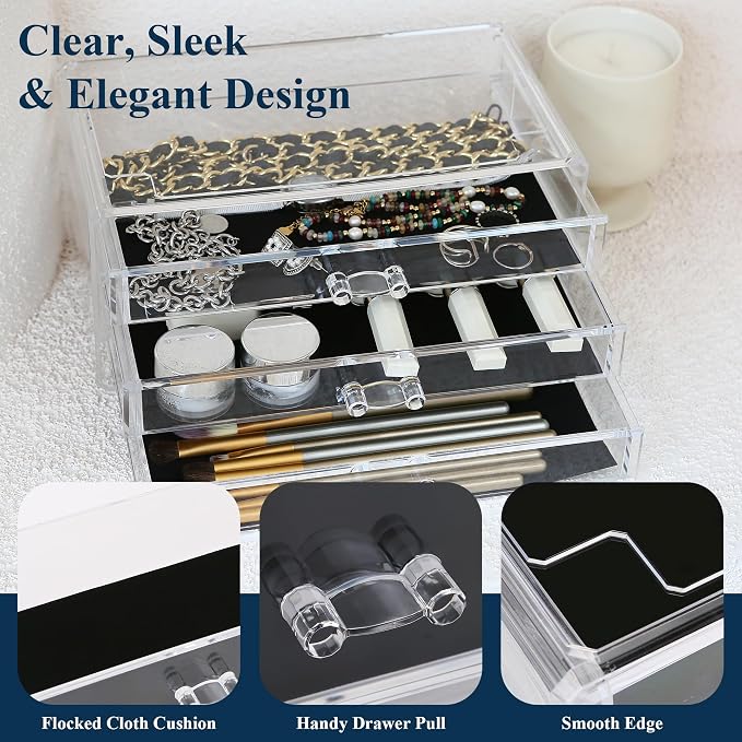 Sea Team Stackable Clear Acrylic Makeup Organizer with Drawers for Vanity | Multi-Purpose Cosmetic Display Case, Jewelry Storage Box with 3 Middle Drawers, Ideal for Dresser, Bathroom, Countertop - Image 4