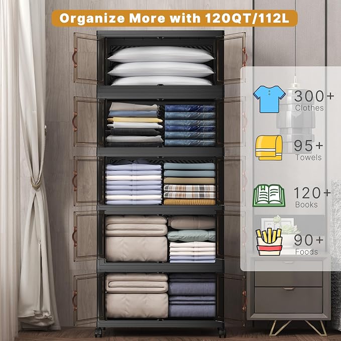 Stackable Storage Bins with Lids, 600QT Closet Organizers and Storage Cabinet with Doors & Wheels, Lockable Plastic Foldable Drawers for Bedroom Dorm Office Garage（120QT*5,Black） - Image 3
