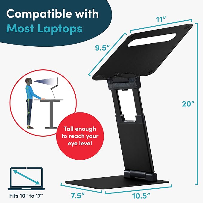 Lifelong Aluminum Adjustable Laptop Stand, Extra Tall 20" Riser, Black | Ergonomic Laptop Stand for Desk, Portable Foldable Computer Stand, Fits 10-17 Inch Laptops & MacBooks - Image 5