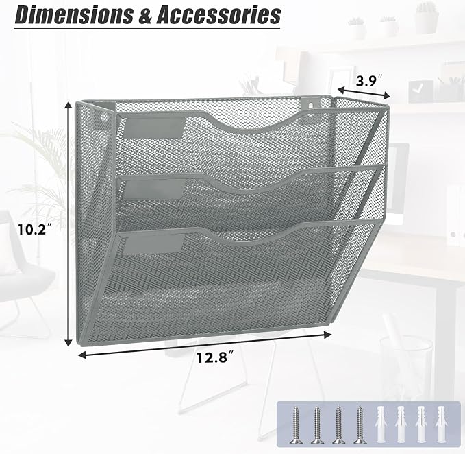 3 Pocket Mesh Hanging Wall File Organizer, Wall Mounted Mail Paper Document Folder Holder, Clipboard Storage Organization Magazine Rack with Nametag Label for Office Home School, Gray - Image 2