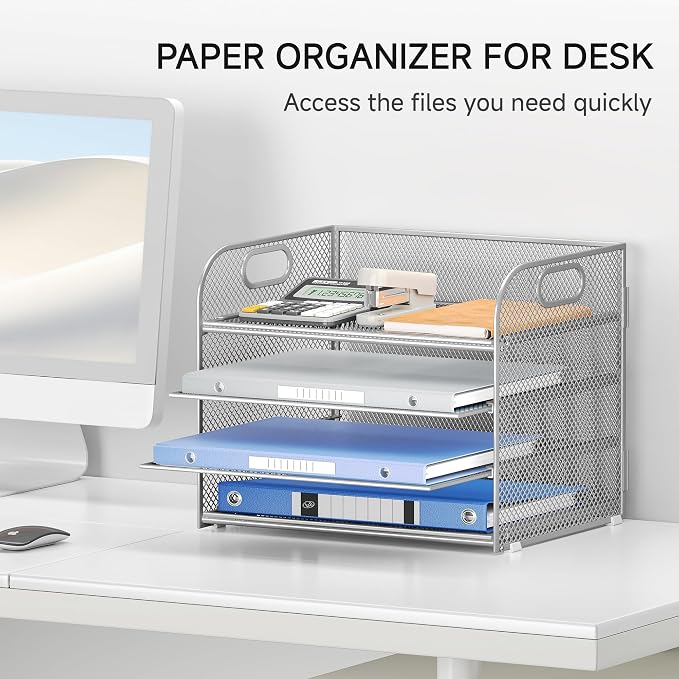 Lavatino 4-Tier Paper Organizer Trays - Silver Mesh File Folder Sorter with Handles, Desk Letter Holder Organizer for Office, Home, School Supplies Storage & Organization - Image 6