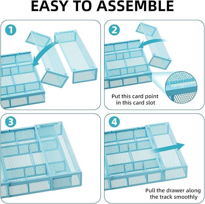 Marbrasse Expandable Desk Drawer Organizer, Mesh Drawer Organizer Tray with 10 Adjustable Compartments, Desk Organizers and Accessories for Office Supplies, Makeup & Vanity (Expandable-Blue) - Image 7