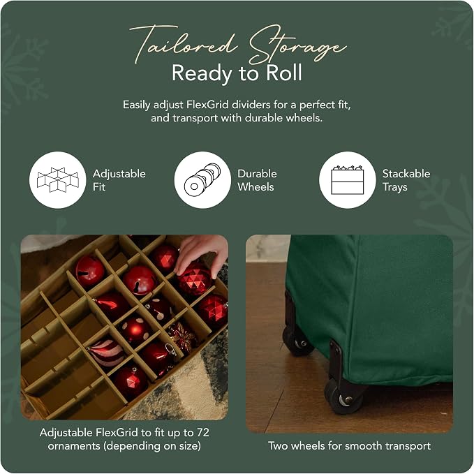 Covermates Keepsakes Rolling Adjustable Ornament Storage Bag – Heavy-Duty Polyester, FlexGrid Trays & Padded Dividers – Protective Holiday Organizer with Wheels, Handles & ID Window, Green - Image 5