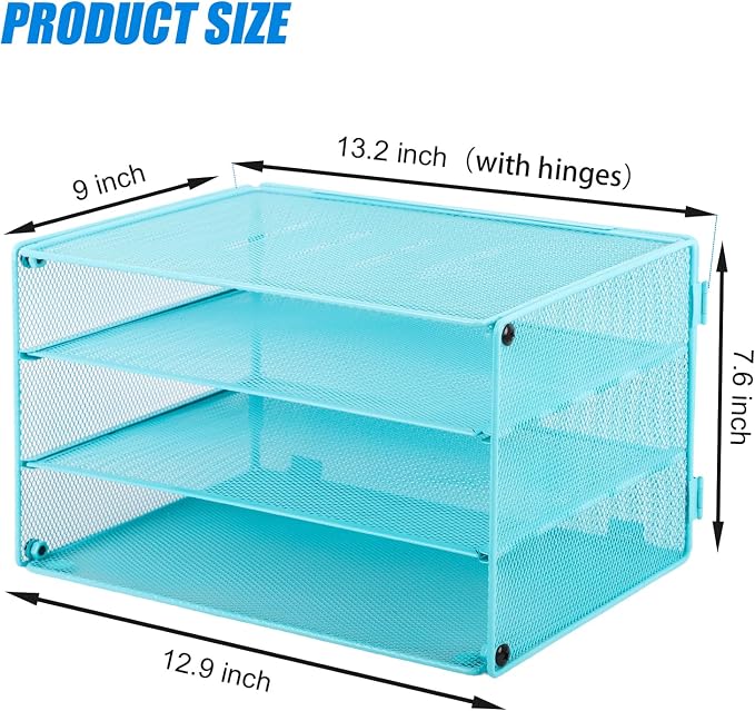 Paper Organizer Tray, 3 Tier Mesh Desk File Organizer Letter Sorter Holder for Home Office, Blue - Image 2
