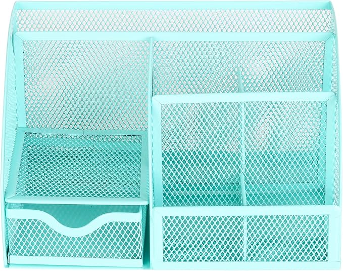 Exerz Desk Organizer 7 Compartments Metal Mesh Pen Holder Turquoise | Fresh Desktop Storage for Notes Clips Scissors Rulers Craft Tools Makeup Study Supplies and Home Use - Image 8
