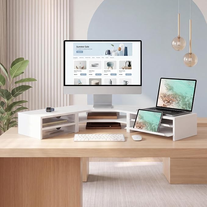 Fenge Dual Monitor Stand, Corner Desk Shelf with Drawer & Slide-Out Tray | Modular Design for Flexible Layouts, 2-Tier Storage Desktop Organizer for Computer, Laptop, Printer and Telephone - Image 8