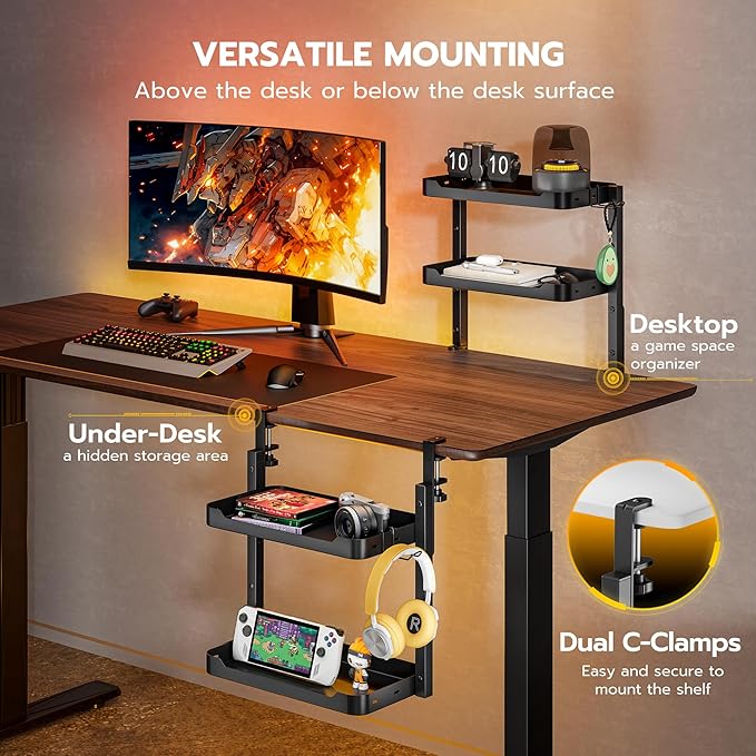 ARES WING 2-Tier 16 inch Clamp On Desk Shelf, Above or Under Desk Storage | Adjustable Desktop Organizer Shlef Holds 66 lbs Heavy Duty, with Headphone Holder for Working and Gaming Accessories, Black - Image 4