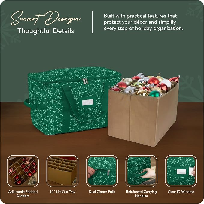 Covermates Keepsakes Adjustable Ornament Storage Bag – Heavy-Duty Polyester, Padded Dividers & FlexGrid Trays – Protective Holiday Ornament Organizer with Handles & Label Window, Green Snowflake - Image 4