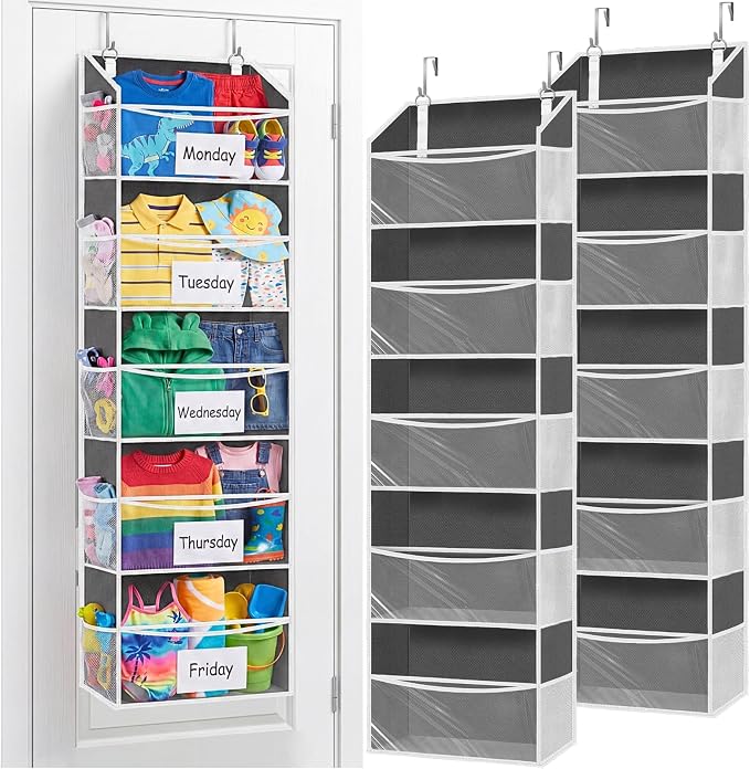 2P 5Tiers Over Door Organizer,Weekly Clothes Organizer for Kids | 5 clear PVC front pockets, 10 mesh side pockets, weekly outfit planner, for kids, dorm, entryway, RV, 50 lbs capacity by Ofiray-home