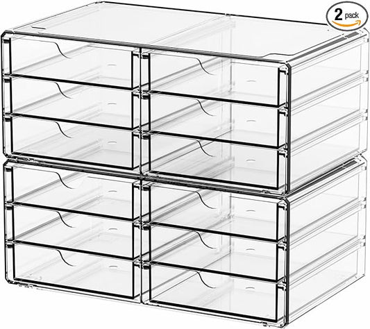 2 Pack Acrylic Storage Drawers With 12 Small Drawer,Stackable Office Cabinet Organizer and Makeup Organizer,Clear Plastic Drawers for Craft Supply,Pen,Stationary,Accessory,Makeup,Desk Organizer by Yieach