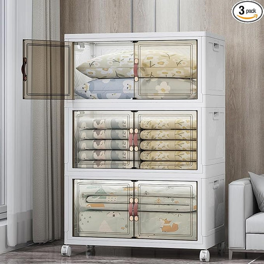 Stackable Storage Bins, 525QT Collapsible Drawers with 1 Lid | Large Capacity, Magnetic Door, Stack Lock, Rolling Wheels, Foldable Design, Organizers and Storage for Bedroom Dorm Garage by UAMFURIDirect