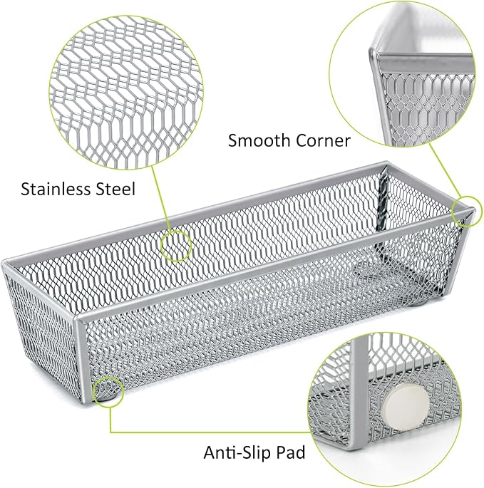 Neudeco Drawer Organizer Set, Silver Mesh, 6 Pack | 5-Compartment Silverware Tray, 5 Utensil Trays, Non-Slip, For Flatware, Cutlery, Office Supplies - Image 3