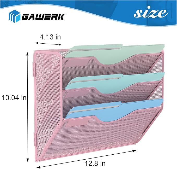 Gawerk 3 Tier Hanging Wall File Organizer, Mesh Mail Paper Orgnization Hanging File Folder Holder for Home Office, Pink - Image 2