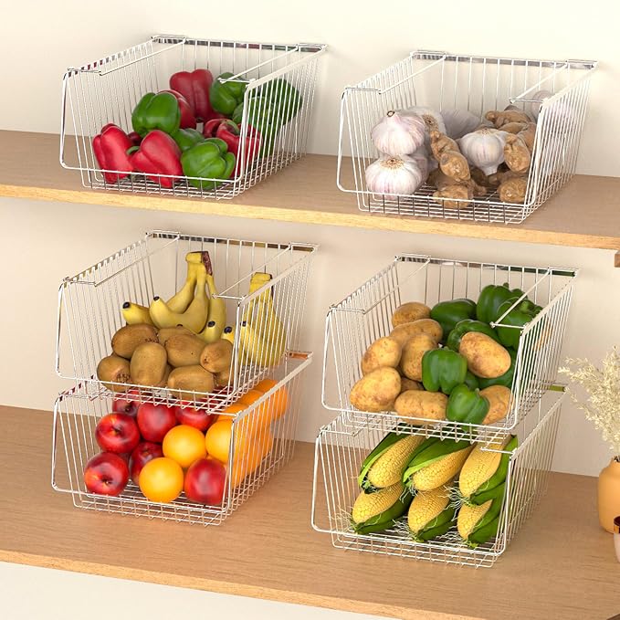 Wire Storage Baskets Stackable Refrigerator Organizer Bins Sturdy Metal Wire Bin Baskets Organization Baskets for Storage with Handles for Kitchen, Closets, Bathroom, Cabinets -Set of 3 - Image 2