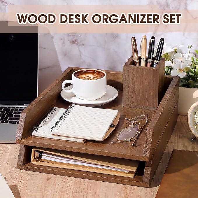 Nuanchu 2 Pcs Wooden Letter Trays with Pen Holder Wood Desk Organizer Set Heavy Duty 2 Tier Brown Stackable Supports Letter-Size Paper Tray Desktop Drawer Pen Magazine File Folder Office Accessories - Image 2