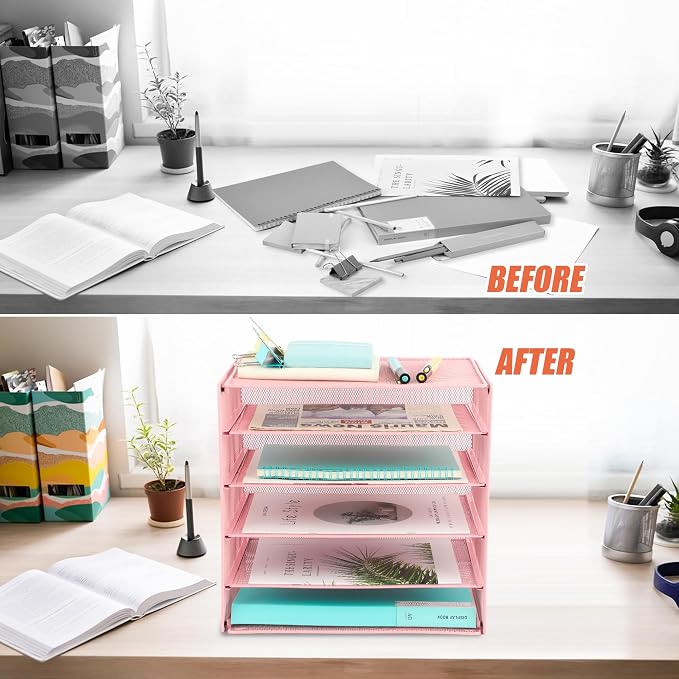 5 Slot Mesh Desk Organizer Tray, File Paper Letter Folder Holder Desktop Paper Sorter Mail Organization Rack Storage Accessories, for Office Home School Classroom, Pink - Image 3