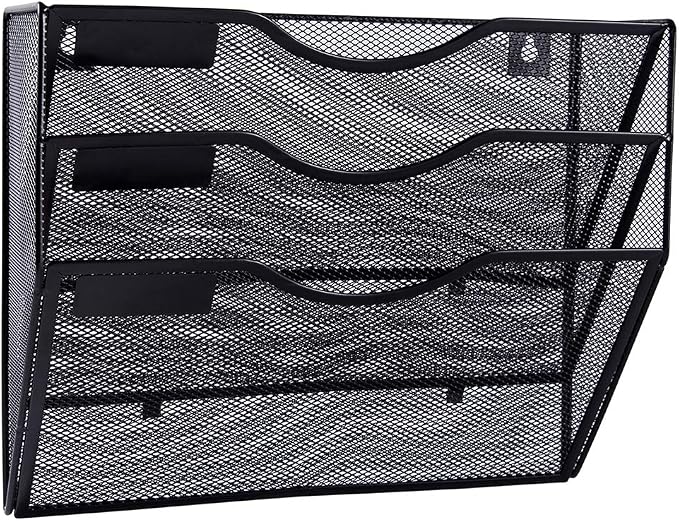 3 Pocket Mesh Hanging Wall File Organizer, Wall Mounted Mail Paper Document Folder Holder, Clipboard Storage Organization Magazine Rack with Nametag Label for Office Home School, Black by EASEPRES