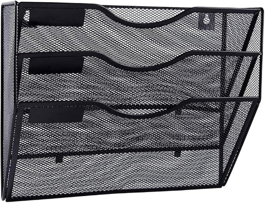 3 Pocket Mesh Hanging Wall File Organizer, Wall Mounted Mail Paper Document Folder Holder, Clipboard Storage Organization Magazine Rack with Nametag Label for Office Home School, Black by EASEPRES