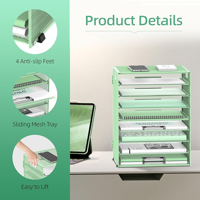 9-Tier Paper Organizer for Desk, Metal Letter Tray with Handles, Mint Green | Desk File Organizer with Removable Trays for Sorting Files, Folders, Mail and Printer Paper at Home, School or Office - Image 5