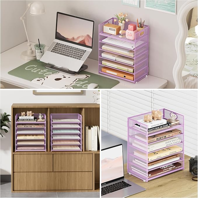 Subekyu 6 Tier Paper File Tray Organizer for Desk, Purple Mesh Desk Letter Paper File Folder Accessories Sorter Organizer with Handle, Stackable Slide Tray for Office, Home or School Supplies Storage - Image 4