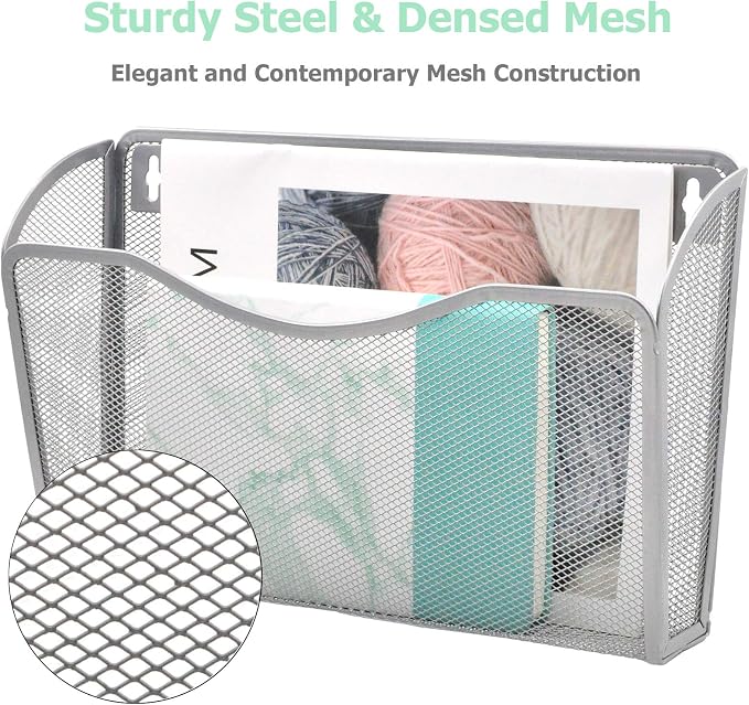 6 Single Pocket Mesh Hanging File Organizer, Vertical Wall Mounted Magazine File Holder, Mount Basket Mail Paper Document Folder Organizing for Office, Home and School, Silver - Image 4