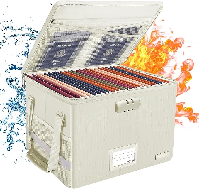 ENGPOW File Box with Lock, Fireproof Document Box with Zipper Lid, Collapsible File Storage Organizer Filing Cabinet with Handles, Portable Home Office Safe for Hanging Letter/Legal Folders, Beige by ENGPOW
