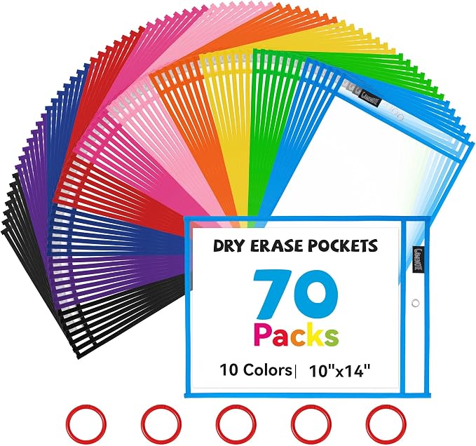 GAMENOTE 70 Pack Dry Erase Pockets, 10x14 Reusable Sleeves, 10 Colors | 70 reusable PVC pockets hold 8.5 x 11 and 9 x 12 sheets; double sided wipe clean surfaces, pen loops, eyelets, and 5 rings by Gamenote