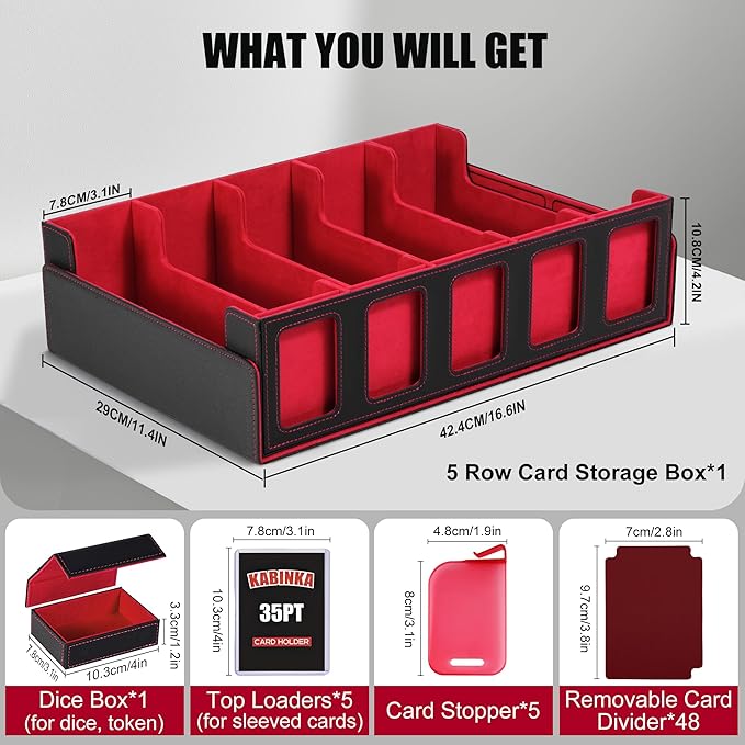 Trading Card Storage Box with Commander Display , 5-Row Deck Case with Removable Lid; 3900+ Card Deck Box for MTG TCG Sports Card, 5 Top Loaders, 5 Stoppers, 48 Dividers,1 Dice Tray (Black Red) - Image 3