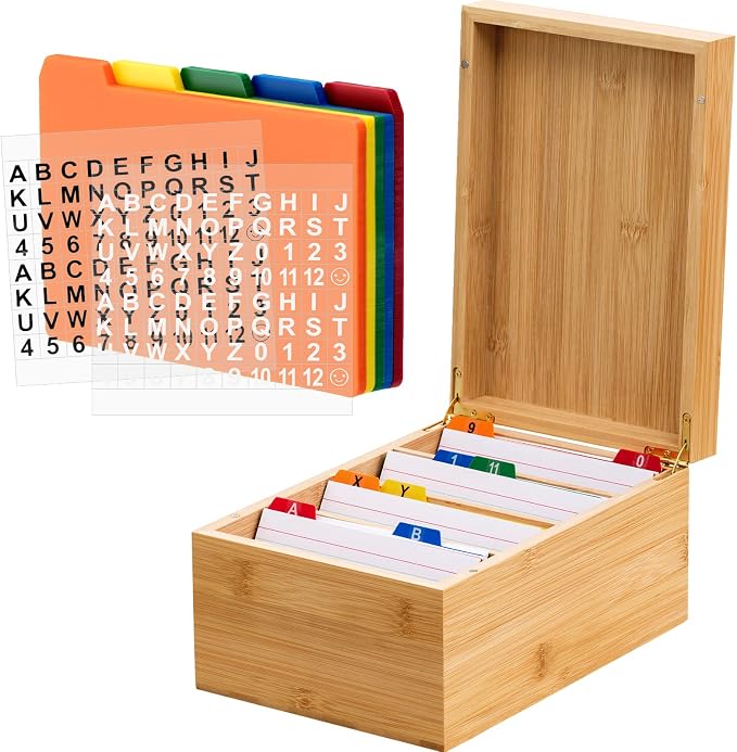 4 x 6 Inch Index Card Holder Set, Bamboo Organizer Box with 50 Dividers & 2 Sheets Alphabet Number Stickers File Note Holders, Holds 1200 Cards for Office Business Home Kitchen, Wooden Color by Henoyso