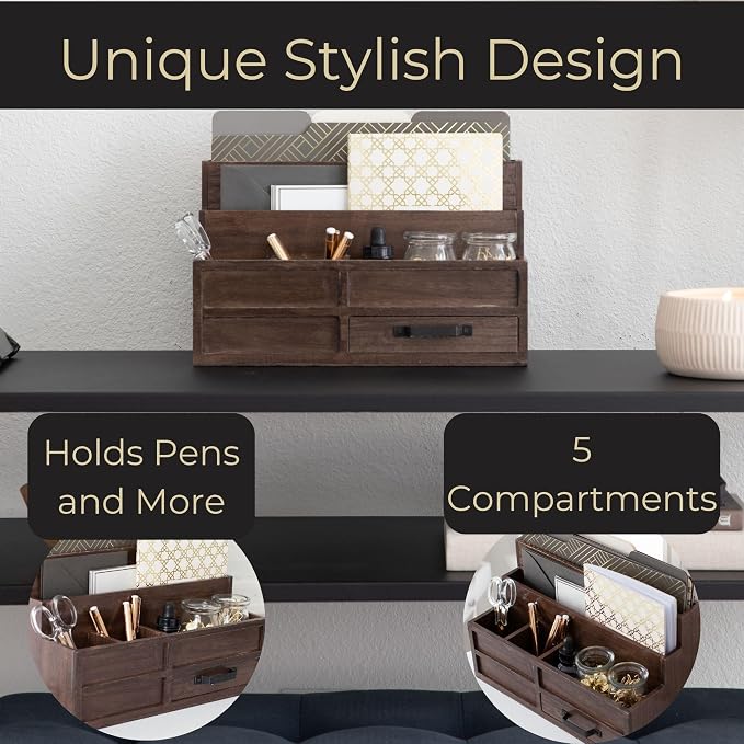 BLU MONACO | Wooden Mail Organizer with Drawer and Pen Holder | Mail Sorter Organizer Countertop for Desk or Kitchen | Outgoing Mail Holder Wood Desktop Storage - Image 5