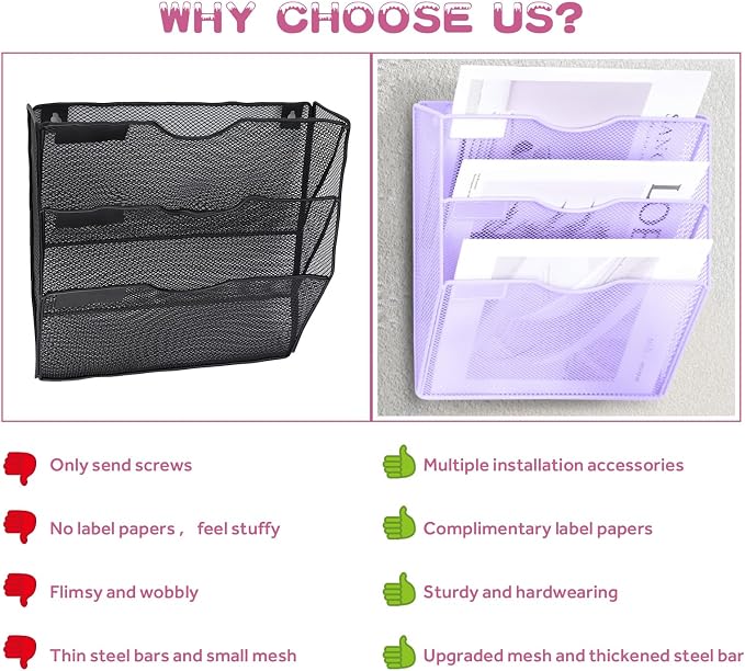 3 Pockets Mesh Wall File Holder Organizer Office Hanging File Folder Magazine Rack, Nametag Label Hooks Set Included (Purple) - Image 5