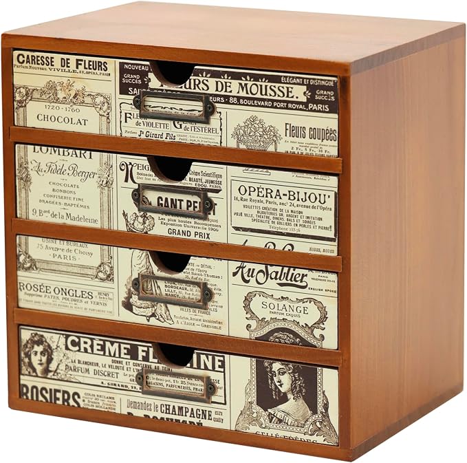 4-Drawer Vintage Ephemera Pattern Desktop Organizer - Arts and Craft Newspaper Design Desk Storage Cabinet - Ephemera Wood Shelf Drawers with Label Holders - Scrapbook Collecting by PrimoSupply