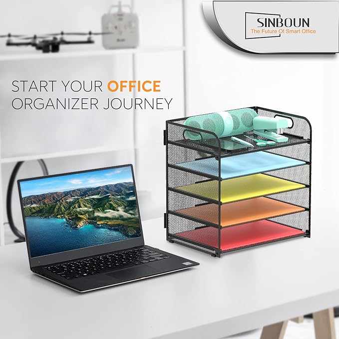 2 Pack Letter Tray 5-Tier Desk Organizer File Paper Holder with Handle, Metal Desktop Document Shelf Tray Office Classroom Organization - Black - Image 5