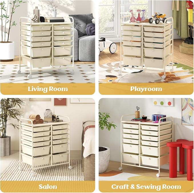GOFLAME 12-Drawer Rolling Storage Cart, Multipurpose Organizer Cart with 2 Sizes Plastic Drawers, Mobile Utility Cart with Lockable Casters for School, Home Office, Beauty Salon, White - Image 8