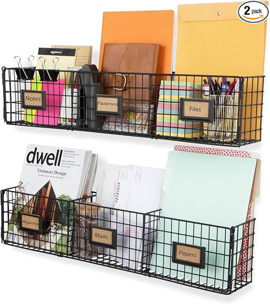 Amalfi Hanging File Folders Office Desk Organizer Wall Mount Wire Basket Storage Magazine Holder 3 Sectional Set of 2 Black by Wall35