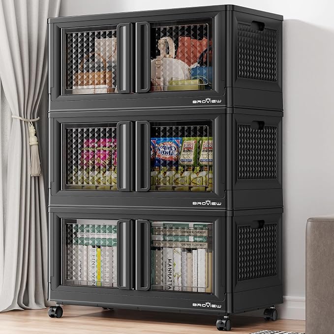 BROVIEW 300Qt Stackable Storage Bins with Lids, 75Gal Closet Organizers and Storage Drawer, Plastic Collapsible Storage Bins with Doors, Heavy Duty Store Box Cabinet for Home Kitchen, 3Pack Black by BROVIEW-EnjoytheArtofLife