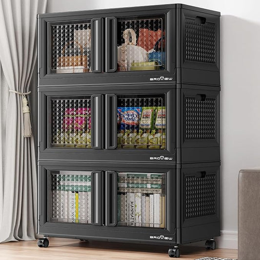 BROVIEW 300Qt Stackable Storage Bins with Lids, 75Gal Closet Organizers and Storage Drawer, Plastic Collapsible Storage Bins with Doors, Heavy Duty Store Box Cabinet for Home Kitchen, 3Pack Black by BROVIEW-EnjoytheArtofLife