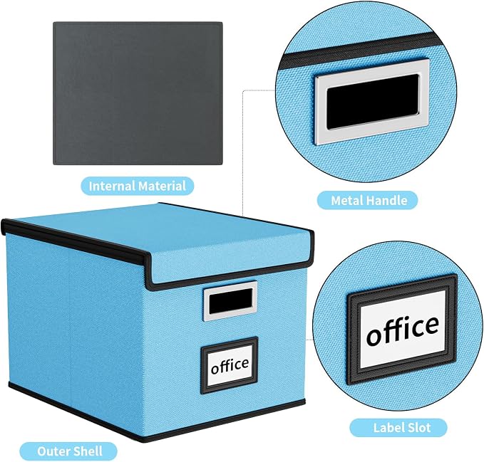 File Organizer Box with Lids, Collapsible File Folder Organizer | File Box with Plastic Slides for Office Document Storage, Filing Bin for Letter Size Hanging File Folders (1 Pack, Sky-blue) - Image 3
