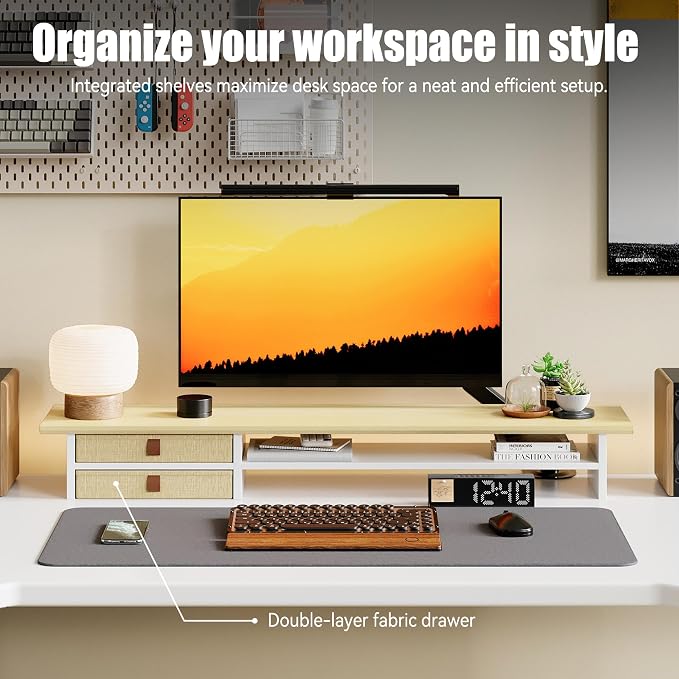 FENSULN Dual‑Tier Monitor Stand Riser with Drawers, Desktop Organizer Shelf Storage for Computer Screen 2 Monitors, Supports for PC Computer Monitor, Printer, Heavy TV Riser Beige and White - Image 3