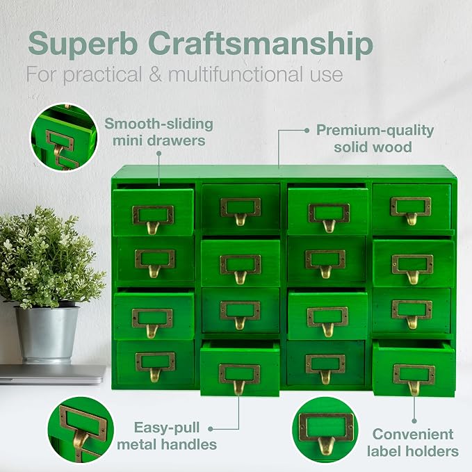 Emerald Green Wood 16-Drawer Apothecary Small Cabinet - 20"x3.6”x14” Card Catalog Style Table Top Organizer - Wooden Storage Box w/16 Drawers - 4-Level Countertop Organizer w/Label Holders & Handles - Image 6